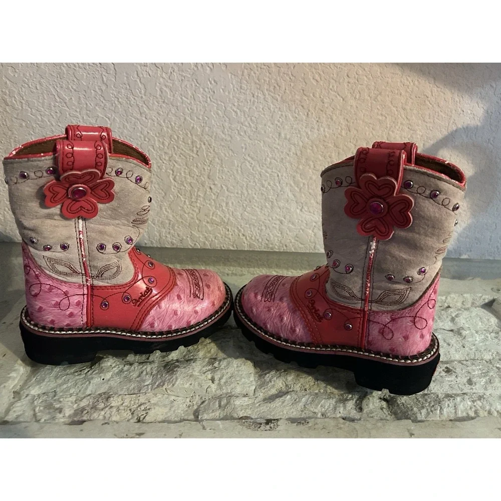 Youth Girl's Size 8.5 Ariat Fatbaby Cowgirl Boots Pink Flower Rhinestone